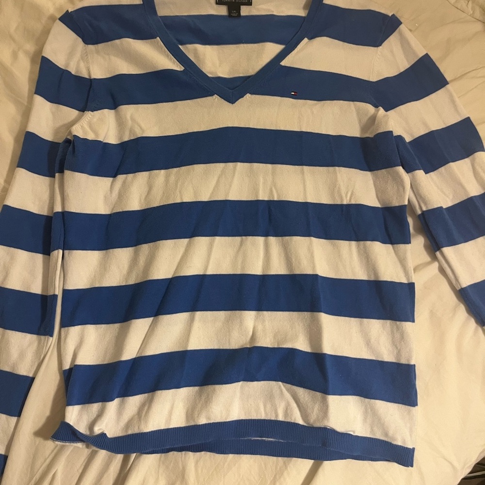 Tommy Hilfiger Blue and White Striped Sweater